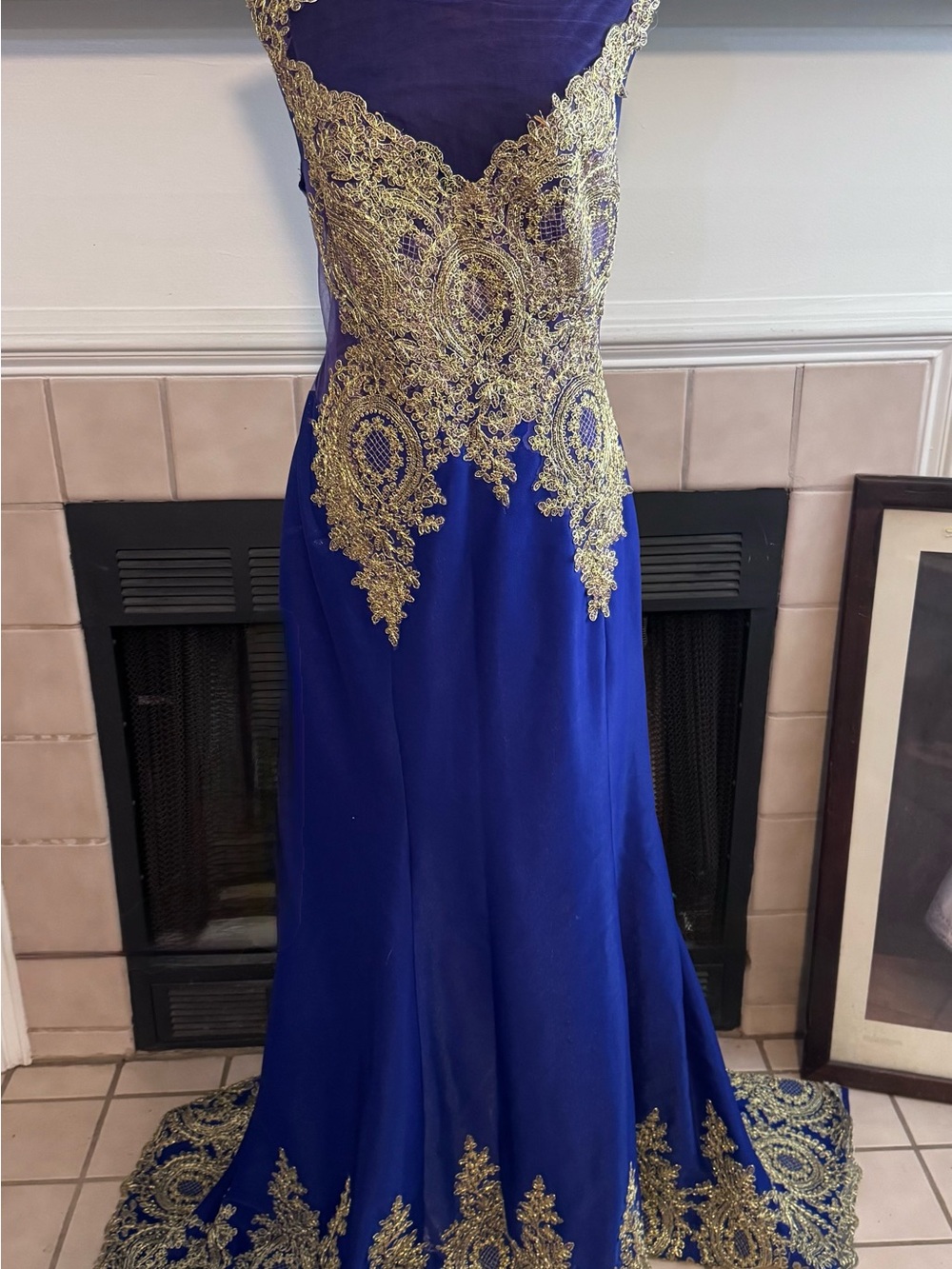 Grace Karin Formal Dress with Long Train and Gold  Lace Accents